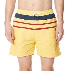SOLID & STRIPED - Men’s Swim Trunks, Yellow with Navy and Red Stripes - Medium